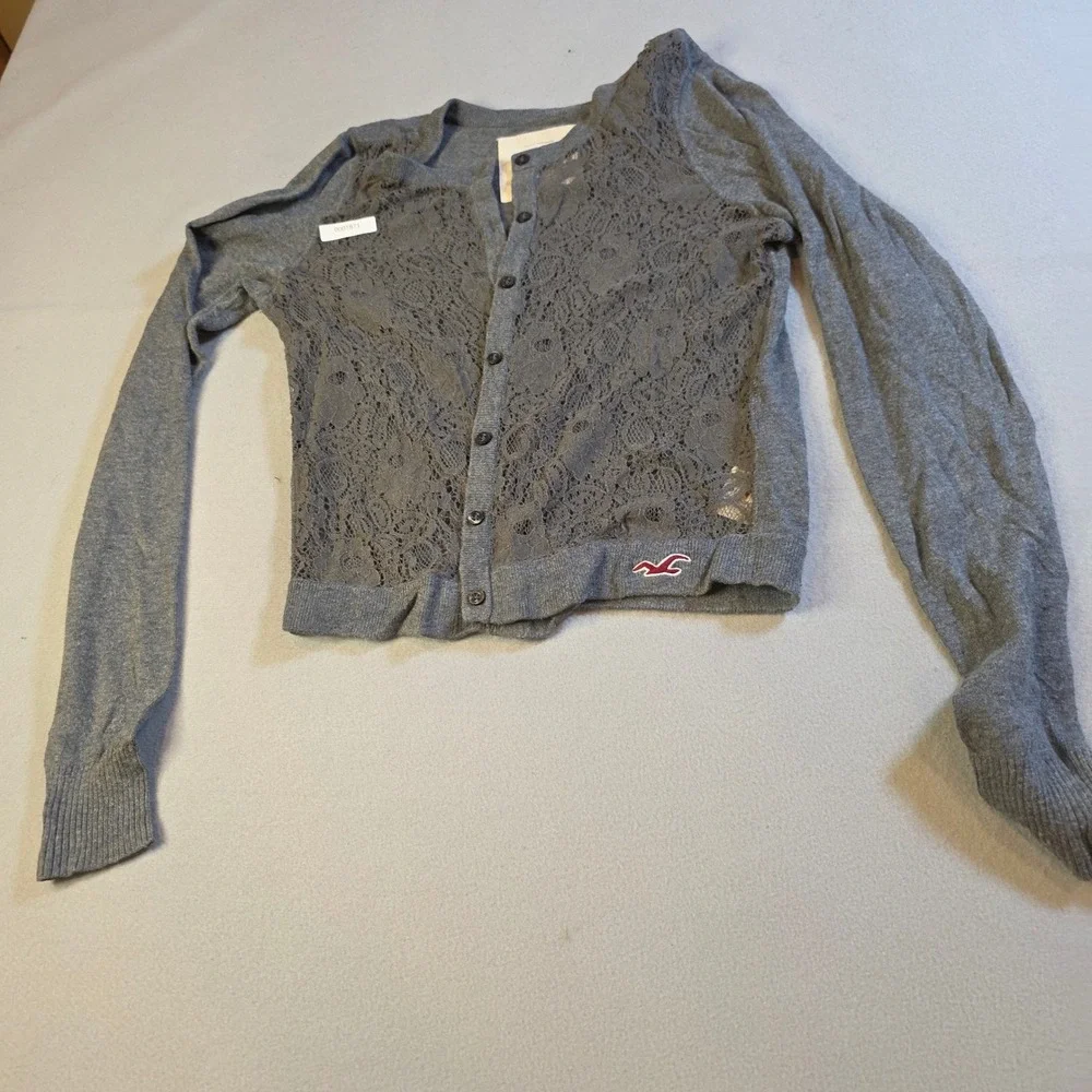 Hollister Gray Lace Front Button Up Cardigan Sweater Distressed Grunge Mens M